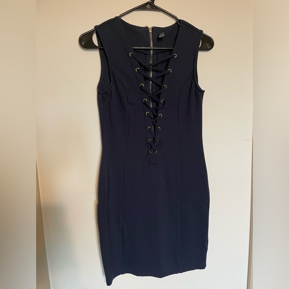Windsor Lace-Up Strappy Bodycon Cross Zip Dress Navy Medium